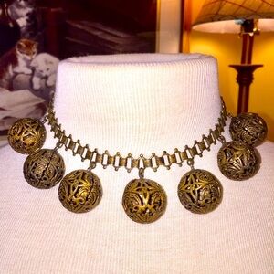 Antique Victorian Brass Filigree Ball Book Chain Necklace